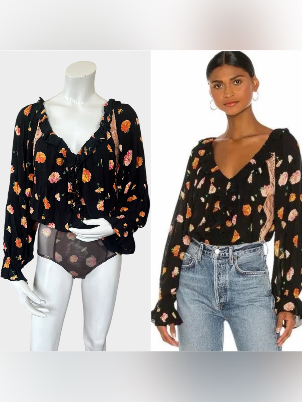 Intimately Free People Orange Pale Orange Floral Deep V Long Sleeve Bodysuit XS